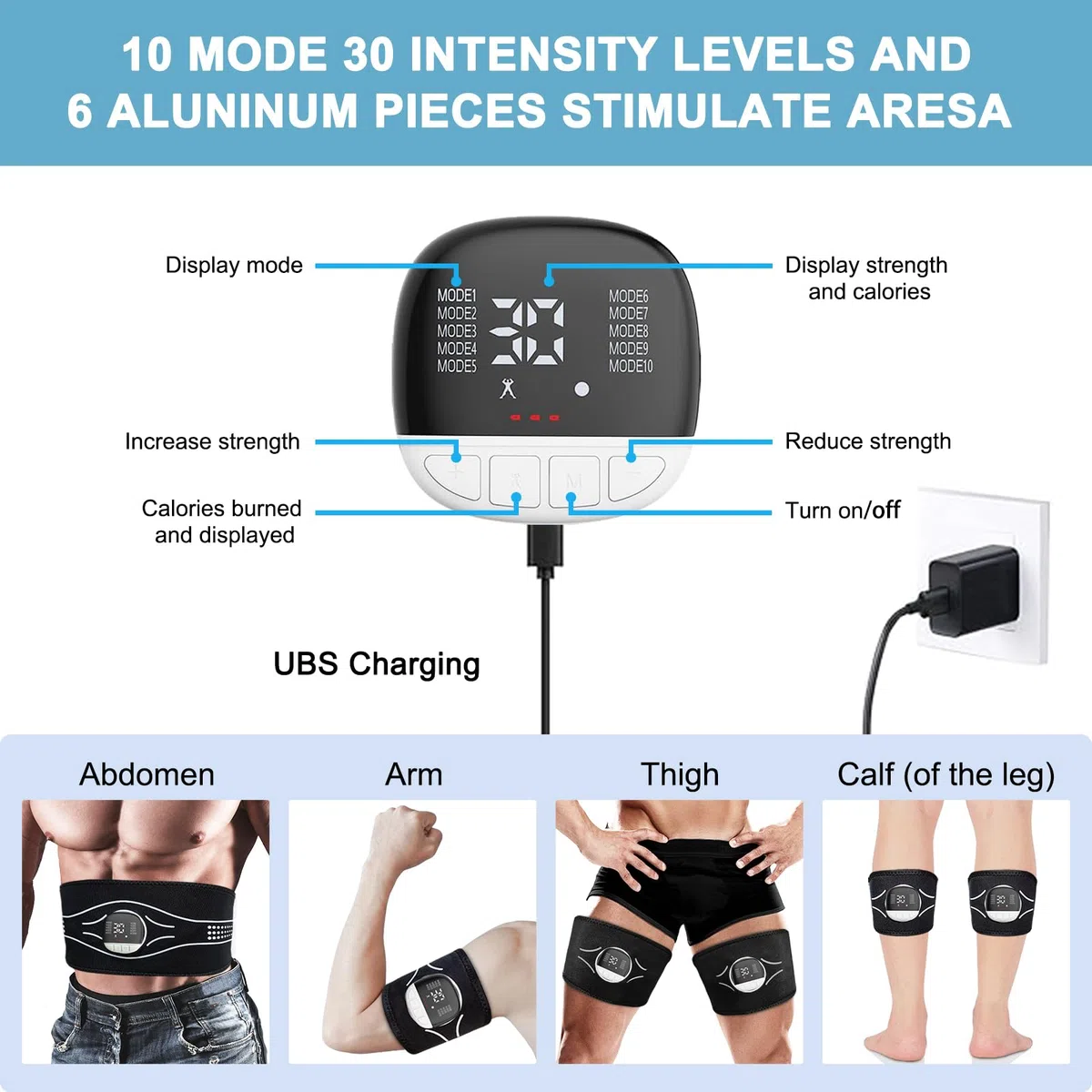 EMS Bauchmuskeltrainer EMS Trainingsgerät - 5Pcs Aluminiumblech Muskelstimulator mit 10 Modi und 30 Intensitäten nzeige des Kalorienverbrauchs und Ladeanleitung, für Bauch/Arm/Bein
