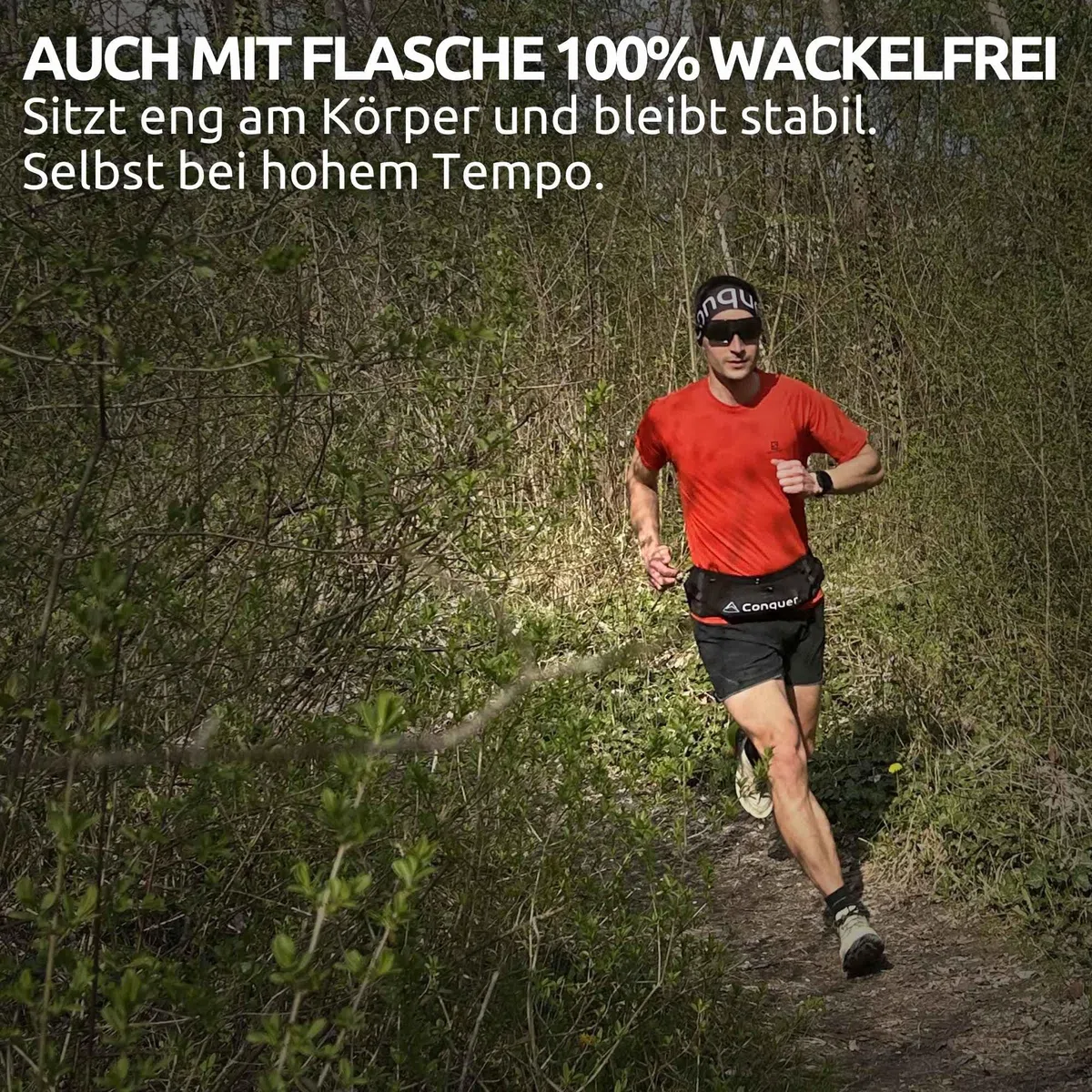 Conquer Laufgürtel Damen & Herren – Running Belt & Trinkgürtel Joggen mit Handy-Fach | Verstellbarer Laufgurt für Trinkflasche, ohne Schnalle – Kein Wackeln, kein Reinzwängen