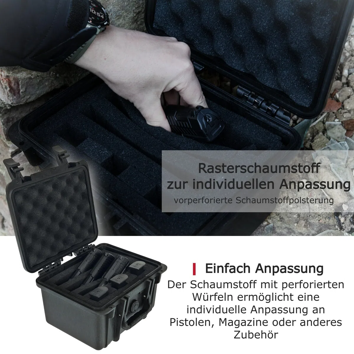 OpTacs Waffenkoffer Pistolenkoffer für Kurzwaffen mit Rasterschaumstoff abschließbar - Airsoft Pistole Gun Case 27x23x18cm wasserdicht für Waffen und Zubehör