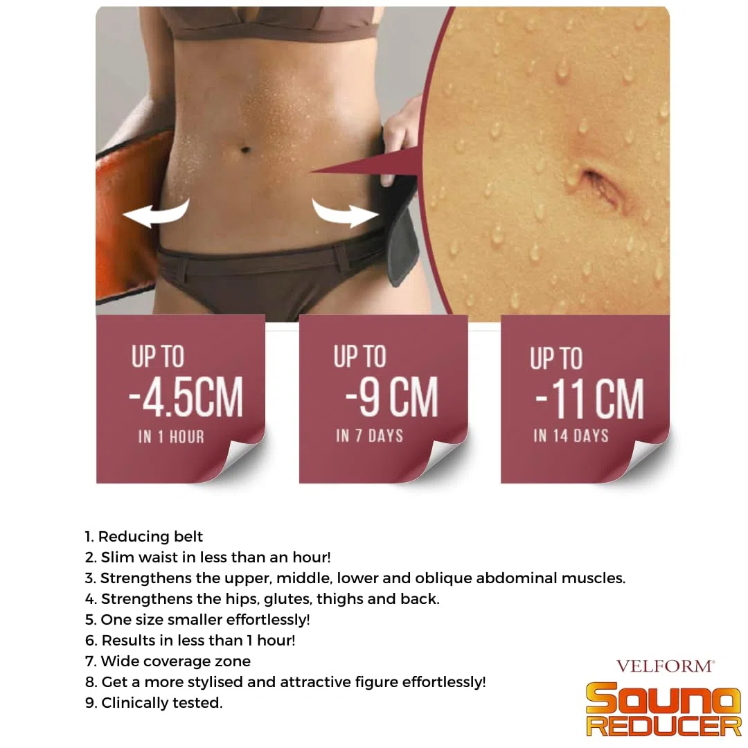 VELFORM SAUNA REDUCER Bauchweggürtel mit Wärme – Schlankheitsgürtel für Taille, Bauch, Hüften & Oberschenkel, Fat Reducer System, Heimfitness, einfache & schnelle Schlankheitsübungen