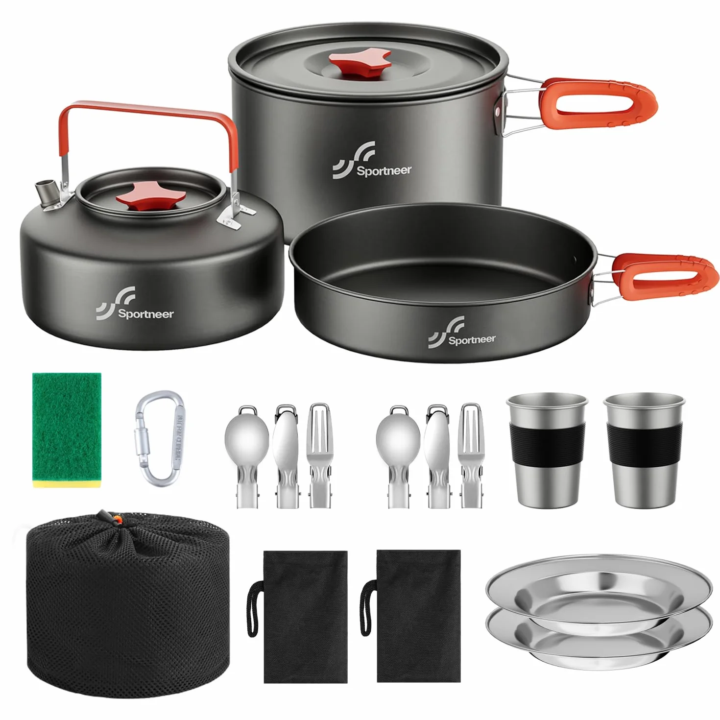 Camping Kochgeschirr Camping Geschirr Set 2 Personen Camping Topf Pfanne Set Und Wasserkocher Mit Tassen Teller Messer LöFfel Gabeln, Camping Besteckset Für Outdoor Picknick Wandern