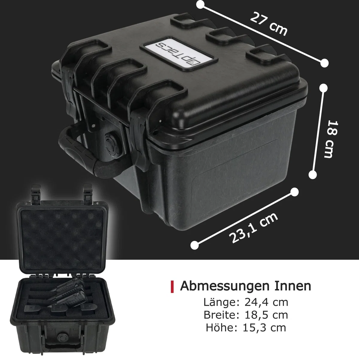OpTacs Waffenkoffer Pistolenkoffer für Kurzwaffen mit Rasterschaumstoff abschließbar - Airsoft Pistole Gun Case 27x23x18cm wasserdicht für Waffen und Zubehör