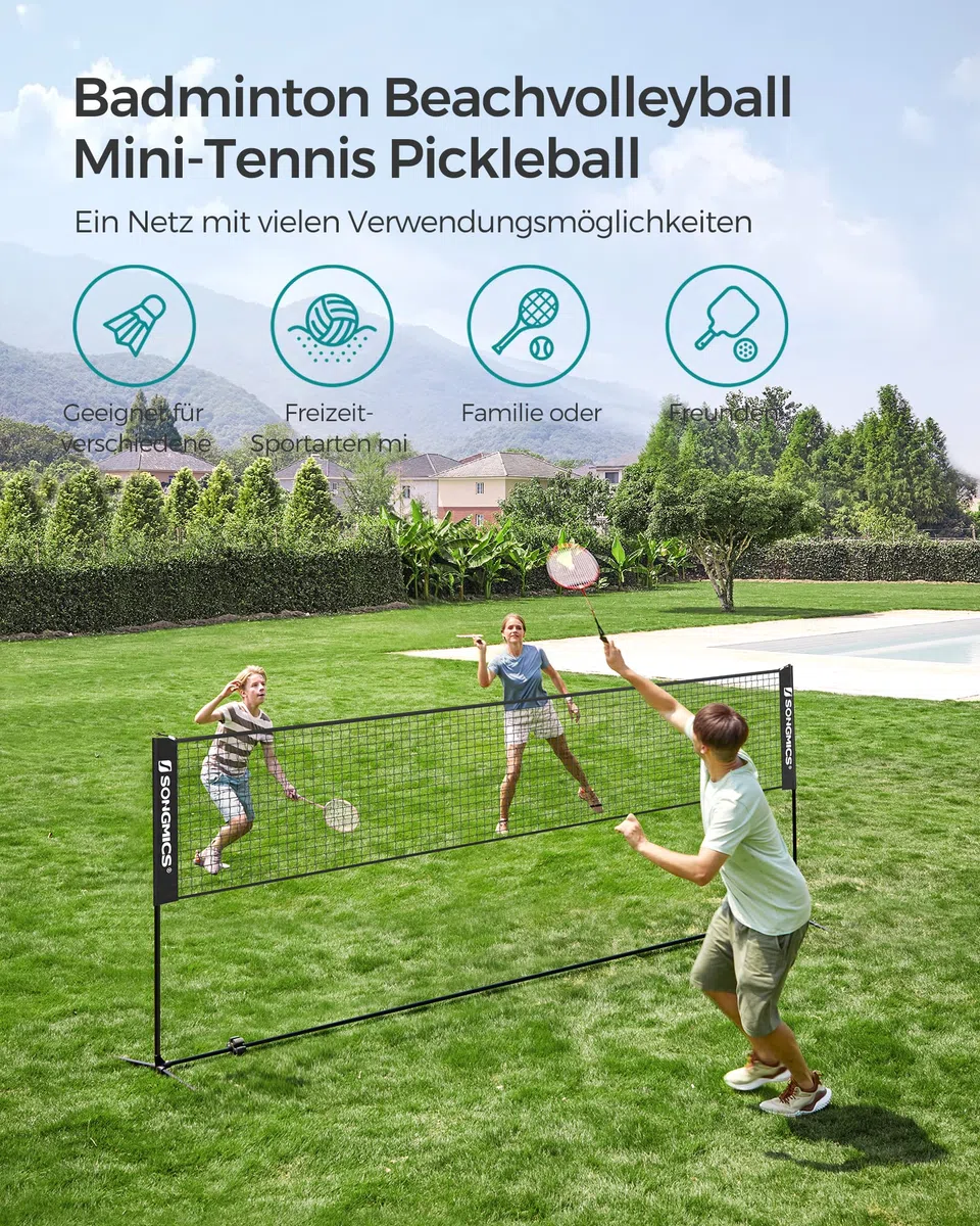 SONGMICS 300 cm/400 cm/500 cm Badmintonnetz, Volleyballnetz, höhenverstellbare Stangen, tragbares Set für Tennis, Beach-Volleyball, für Garten, Park, Outdoor