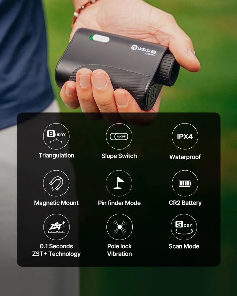 Golf Buddy GB Laser 2S Pro Golf Entfernungsmesser mit Neigung, 2–1000 m Reichweite, Pin Finder Vibration, Buddy-Modus, Scan und Triangulation – Präziser Laser-Entfernungsmesser, nur 161 g leicht