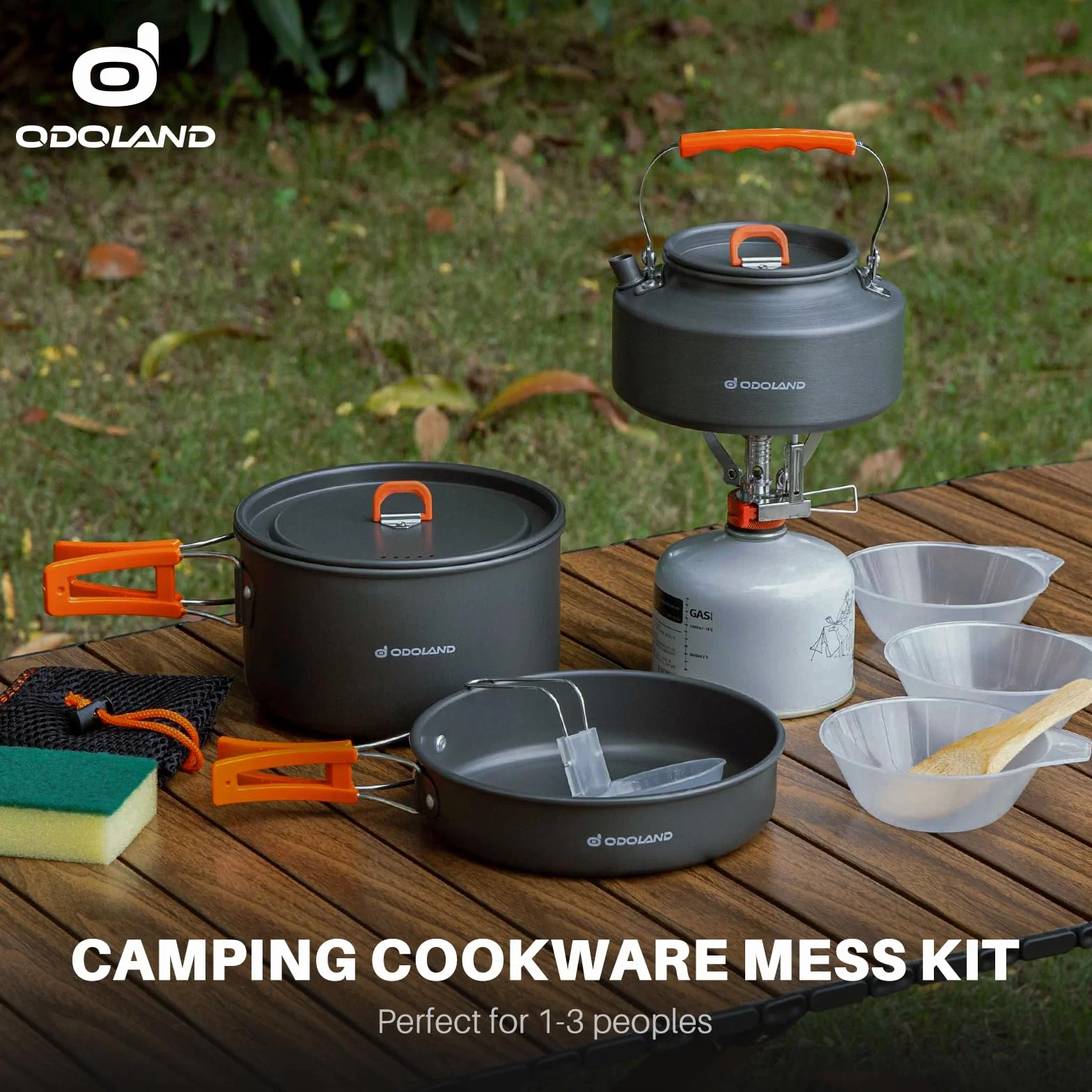 Odoland Camping Kochgeschirr Set, 10 Teilige Outdoor Geschirr Set mit Camping Topf, Camping Bratpfanne und Teekannen für Camping Outdoor Kochen Wandern Reisen