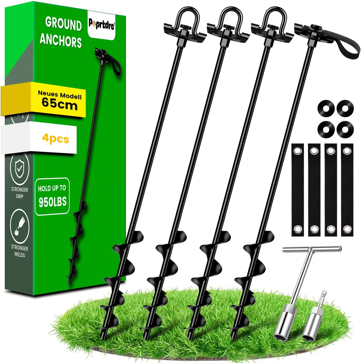 Erdanker Schwerlast 4 Pack (65cm)– Trampolin Erdanker für Garten, Schuppen & Schaukel, Spiral Bodenanker mit versteckter Öse, Rasenmäherfreundlich, Montage mit Bohrmaschine oder T-Griff, Sturmfest