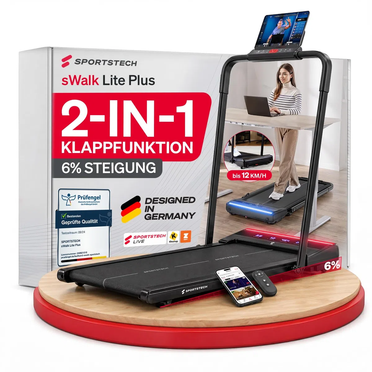 Sportstech sWalk Lite Plus Walking Pad Laufband für Zuhause, 2 in 1 klappbar, bis 12 km/h Treadmill & 6 km/h Walkmodus, manuelle Steigung, App-Steuerung, LED-Anzeige, Fernbedienung, bis 120 kg, leise
