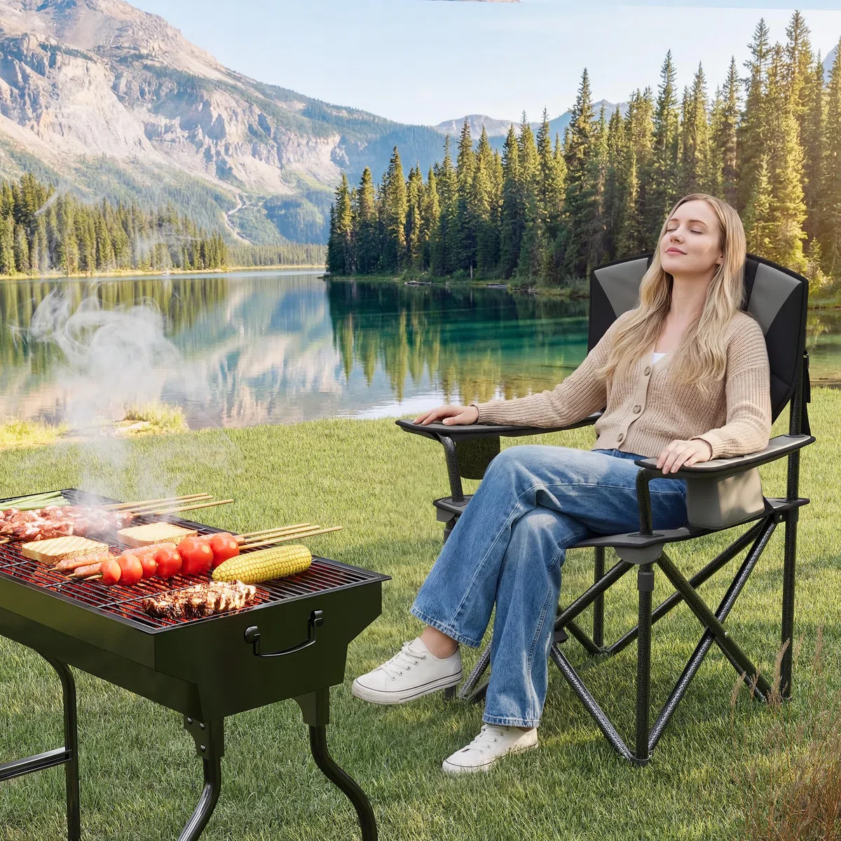 GarveeLife 2er Campingstuhl faltbar bis 200 KG belastbar, Ultragroßer Angelstuhl 64 cm mit hoher Rückenlehne & Polsterung, Camping Stuhl Sessel inkl. Tragetasche für Garten Balkon Strand Schwarz/Grau