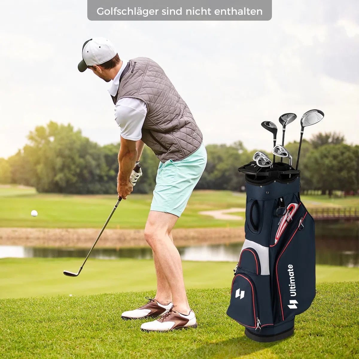 COSTWAY Golfbag, leichtes Golf Cart Bag mit 14 er Unterteilung & Tragegurt, Wasserabweisende Golftasche mit Regenhaube, Golfwagentasche tragbar für Herren & Damen