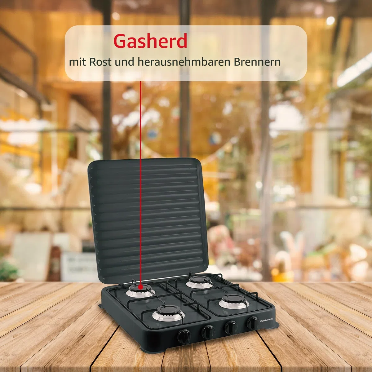 Melchioni Family Gaskocher Modell Minerva New mit vier Brennern, schwarz, für den Außenbereich, mit abnehmbarem Grill und Brenner und Deckel
