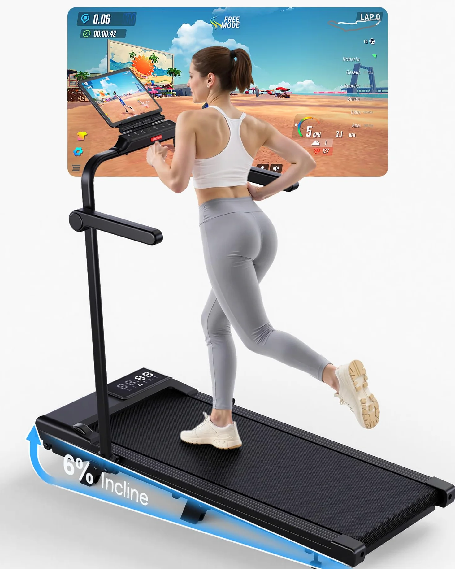 4 in 1 Walking Pad mit Steigung 6% Superun, 12km/h Laufband für Zuhause Klappbar mit APP und Fernbedienung, Max 136kg Laufband Schreibtisch mit Multi-Runner-Rennen und Training Course Erlebnis vor Ort