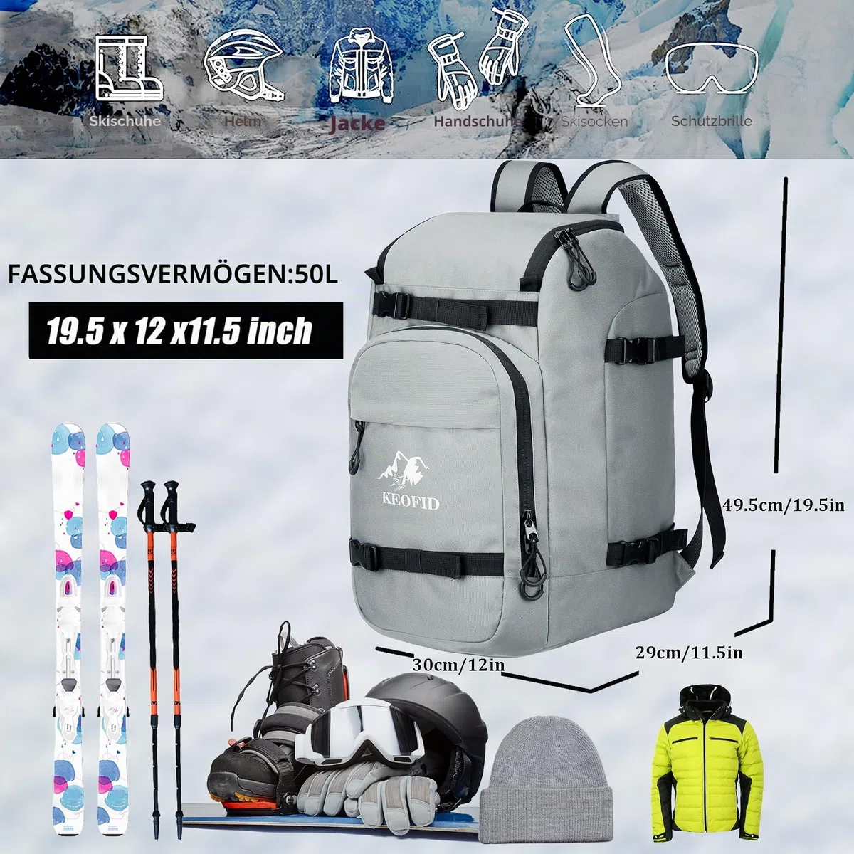KEOFID Skischuhtasche für Damen und Herren, 50L Ski-Reiserucksack und Snowboardtasche