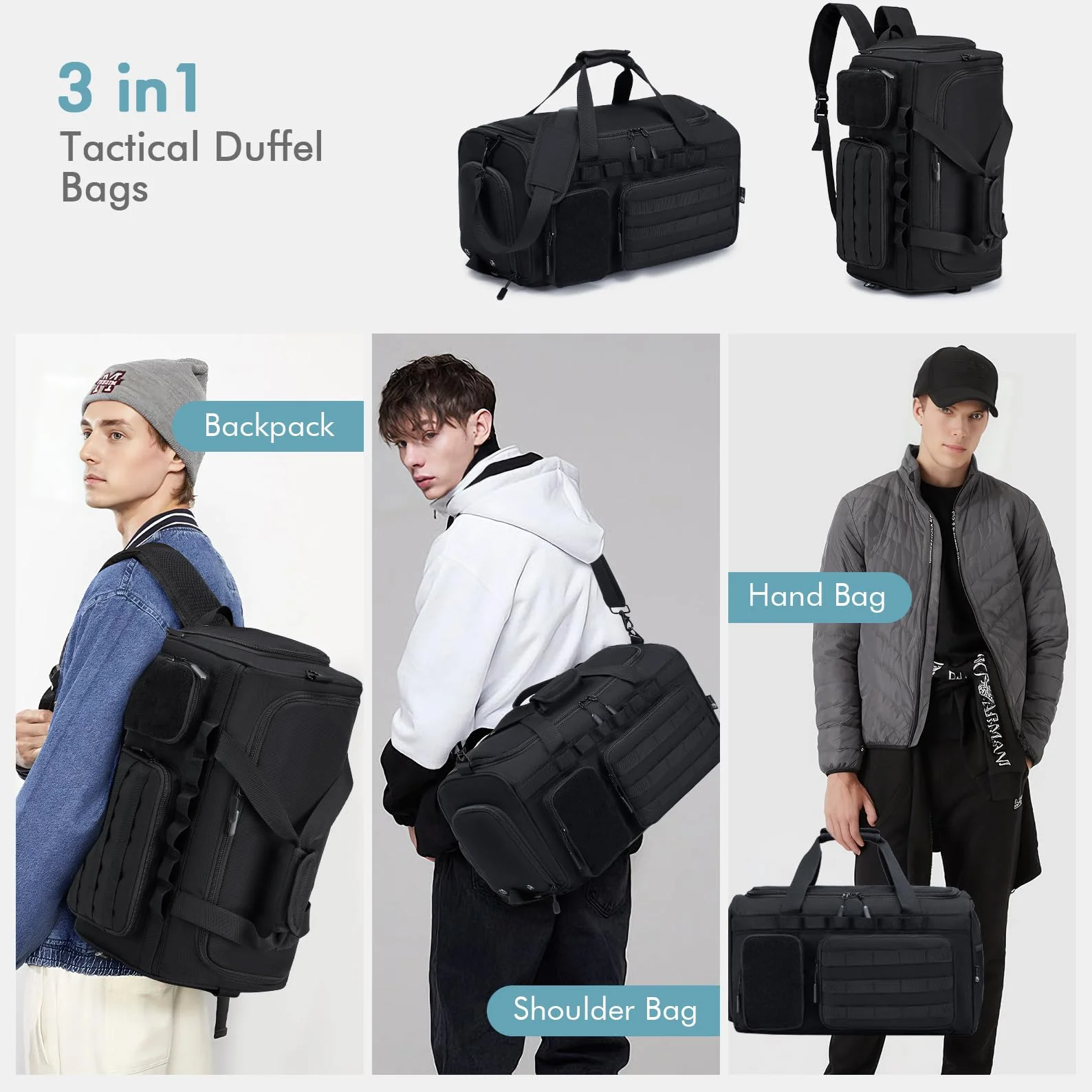 BAGZY Arbeitstasche Herren 40L Taktische Reisetasche Sporttasche mit Rucksackfunktion Einsatztasche Polizei Trainingstasche mit Schuhfach Nassfach Groß Rucksack für Gym Fitness Weekender Schwarz