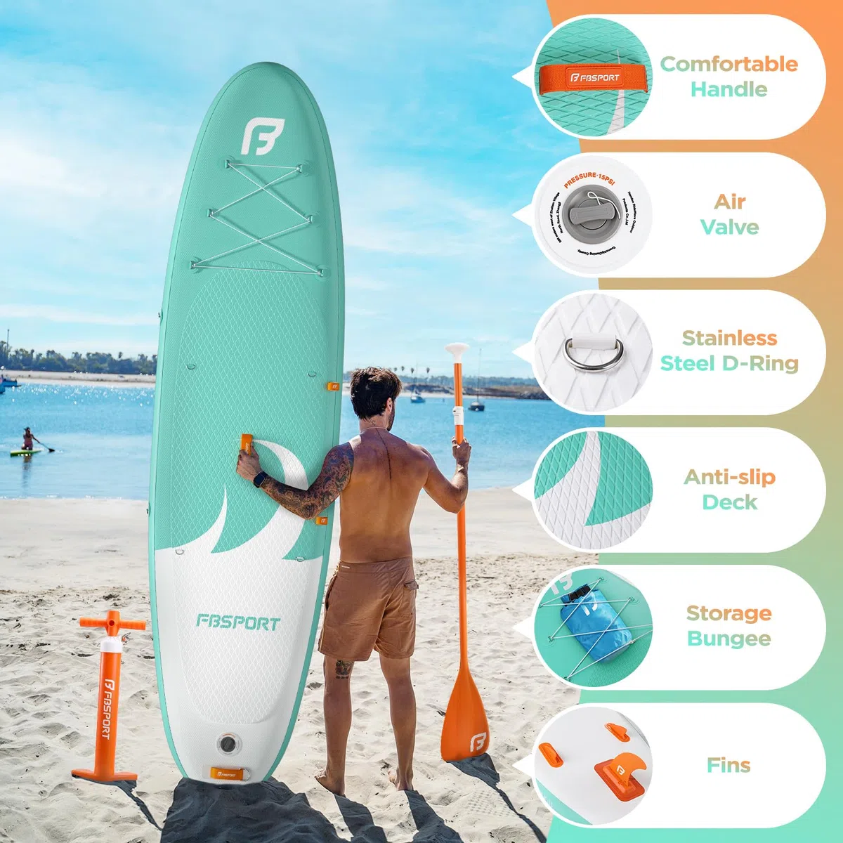FBSPORT Stand up Paddling Board Surfbrett Surfboard SUP aufblasbar mit Pumpe 335x84x15 cm Tragetasche SUP Zubehör mit rutschfestem Deck, Leine, Paddel, passend für Jugendliche Erwachsene