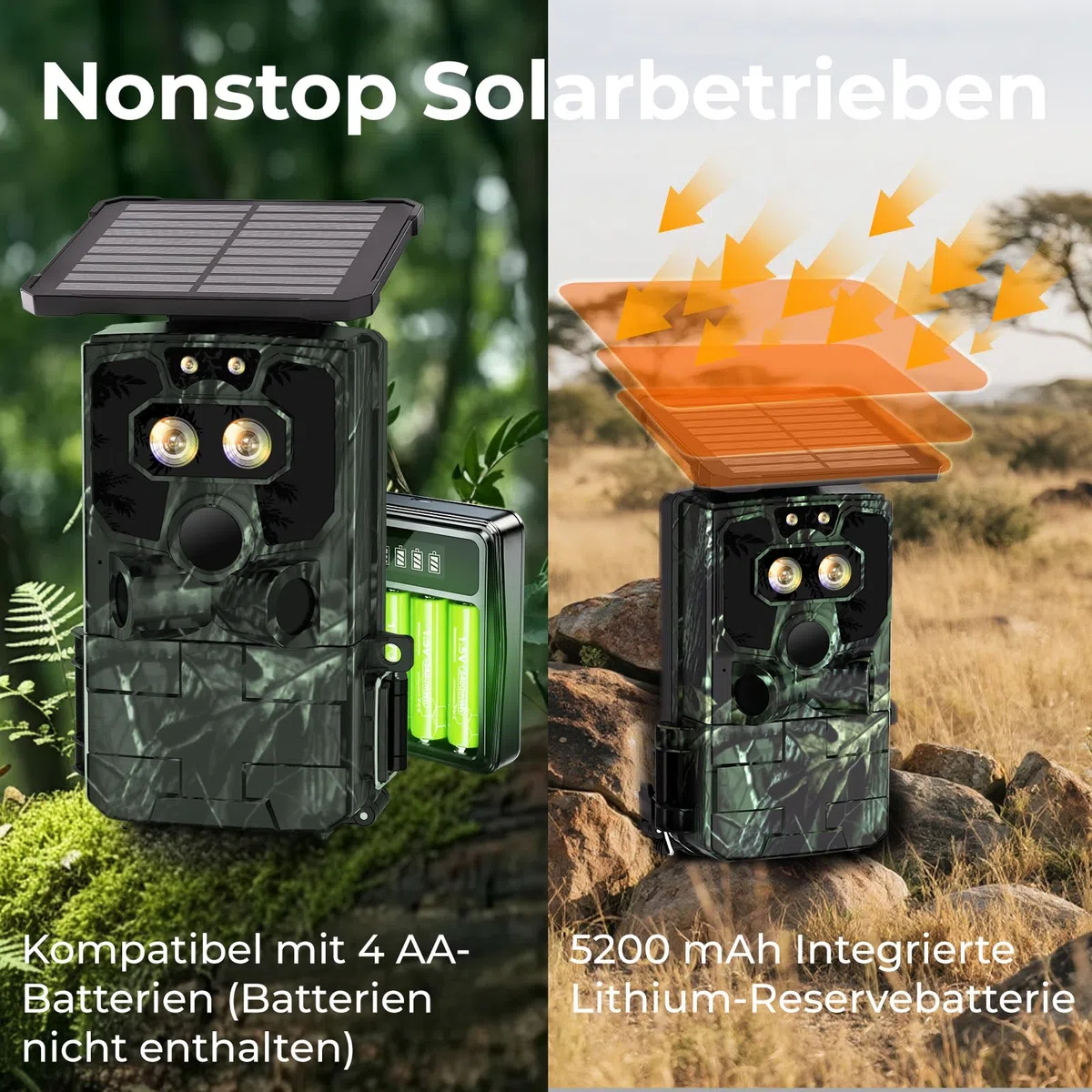 VOOPEAK Duales Objektiv Solar Wildkamera WLAN 4K 60MP, Sternenlicht Nachtsicht Wildkamera mit Handyübertragung APP, Wildtierkamera mit Nachtsicht Bewegungsmelder 0,1S Auslösezeit IP66 Wasserdicht