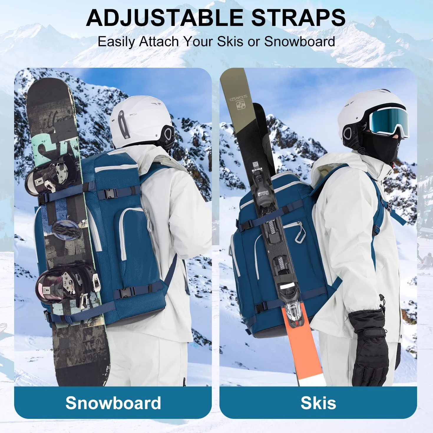Skischuhtasche mit Helmfach, 65L Skirucksack Skischuhrucksack mit Ski Helmtasche, Wasserdicht Skitasche Skisack für Skistiefel, Schlittschuhe, Skibrille, Snowboard, Skihandschuh