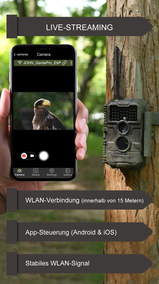 GardePro E6P Wildkamera WLAN, Wiederaufladbare 8000mAh Akku, 64MP 1296P, Wildtierkamera mit bewegungsmelder nachtsicht, Handyübertragung