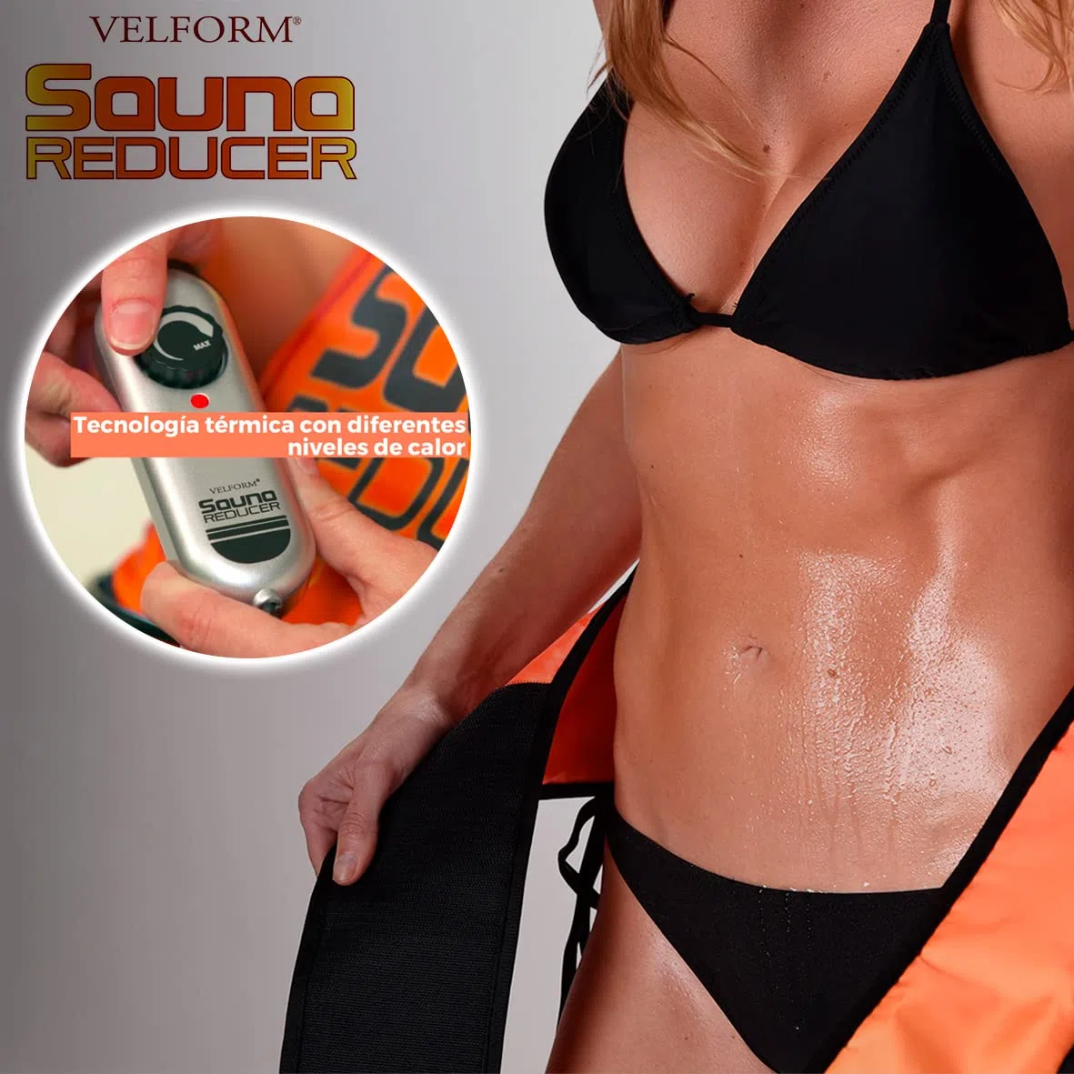 VELFORM SAUNA REDUCER Bauchweggürtel mit Wärme – Schlankheitsgürtel für Taille, Bauch, Hüften & Oberschenkel, Fat Reducer System, Heimfitness, einfache & schnelle Schlankheitsübungen