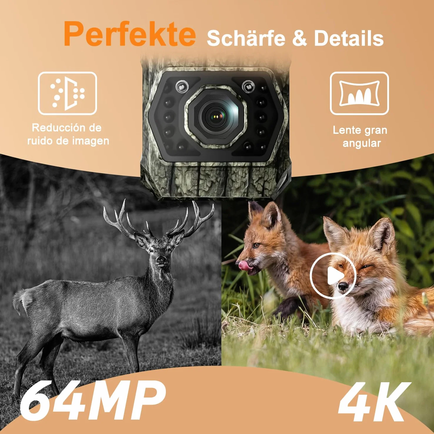 Wildkamera WLAN mit Handyübertragung App, 4K 64MP Solar Akku 5200mAh Bewegungsmelder Nachtsicht 0,1s Auslösezeit Bluetooth IP66