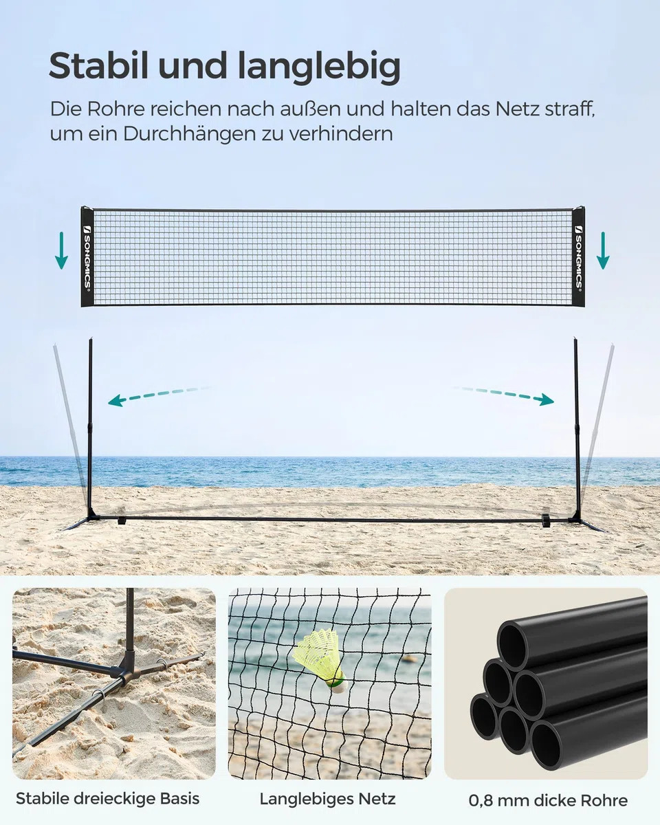 SONGMICS 300 cm/400 cm/500 cm Badmintonnetz, Volleyballnetz, höhenverstellbare Stangen, tragbares Set für Tennis, Beach-Volleyball, für Garten, Park, Outdoor