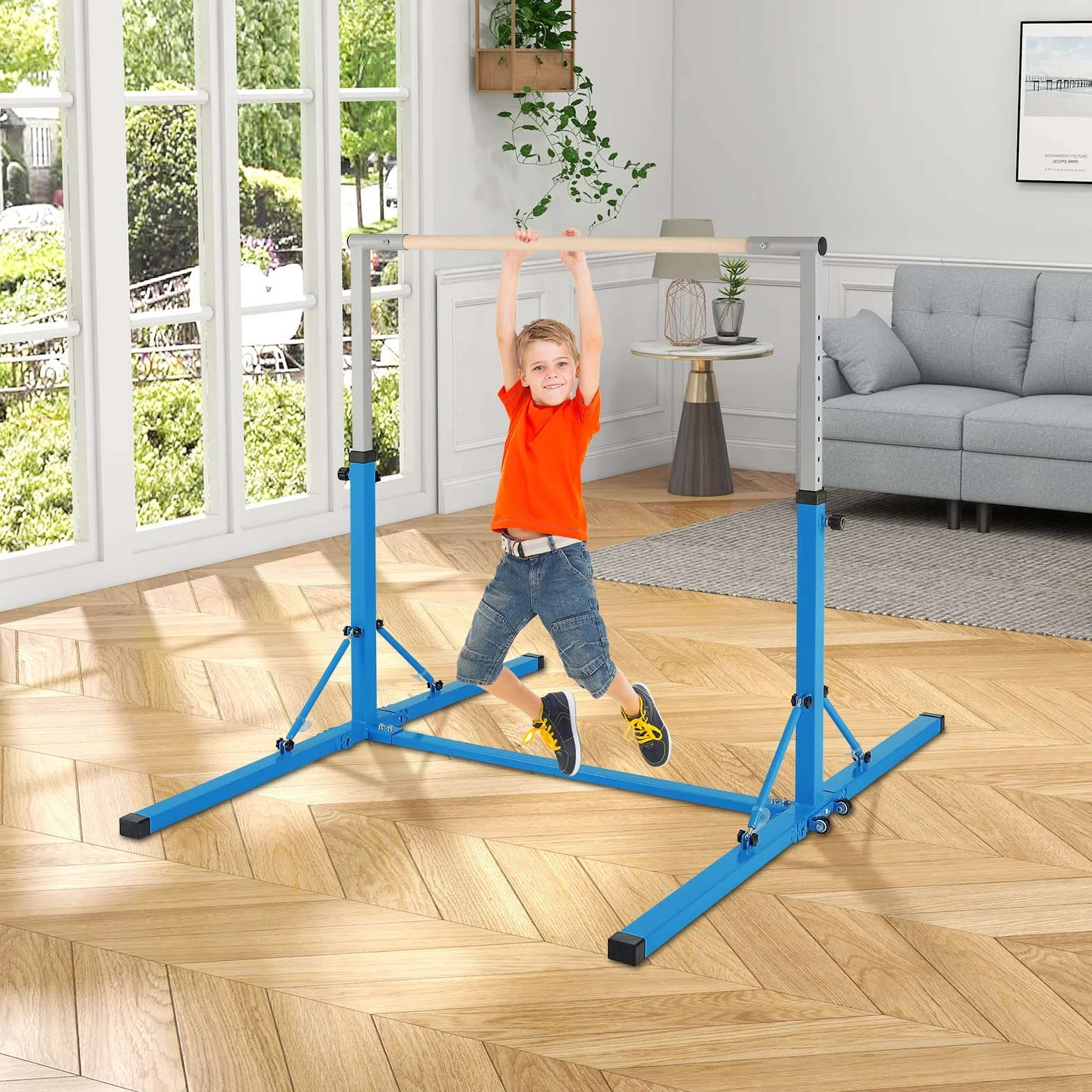 GYMAX Turnstange höhenverstellbar, Faltbare Übungsstange mit Rädern & rutschfeste Fußpolster, Turnreck bis 100 kg belastbar, Gymnastik Turnreck für Innen- & Außenbereich