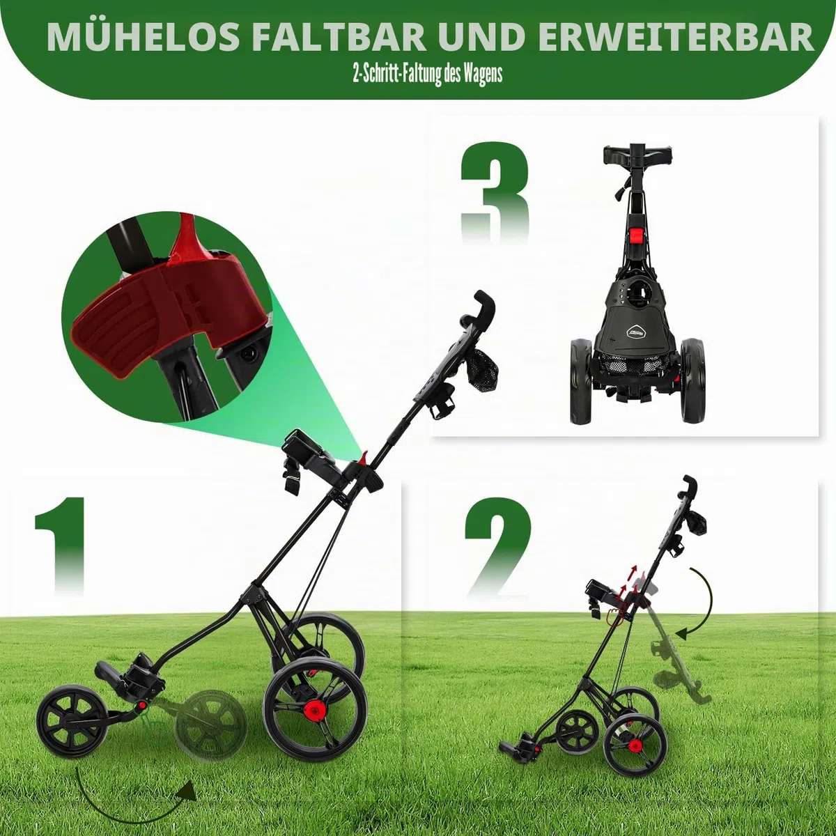 XDriveMax Golf Trolley 3 Rad,Golftrolley Klappbar,Leichter Golf Trolleys für Golfschläger und Golfbag, mit Getränkehalter,Scorekartenhalter und Ablagefach(schwarz)