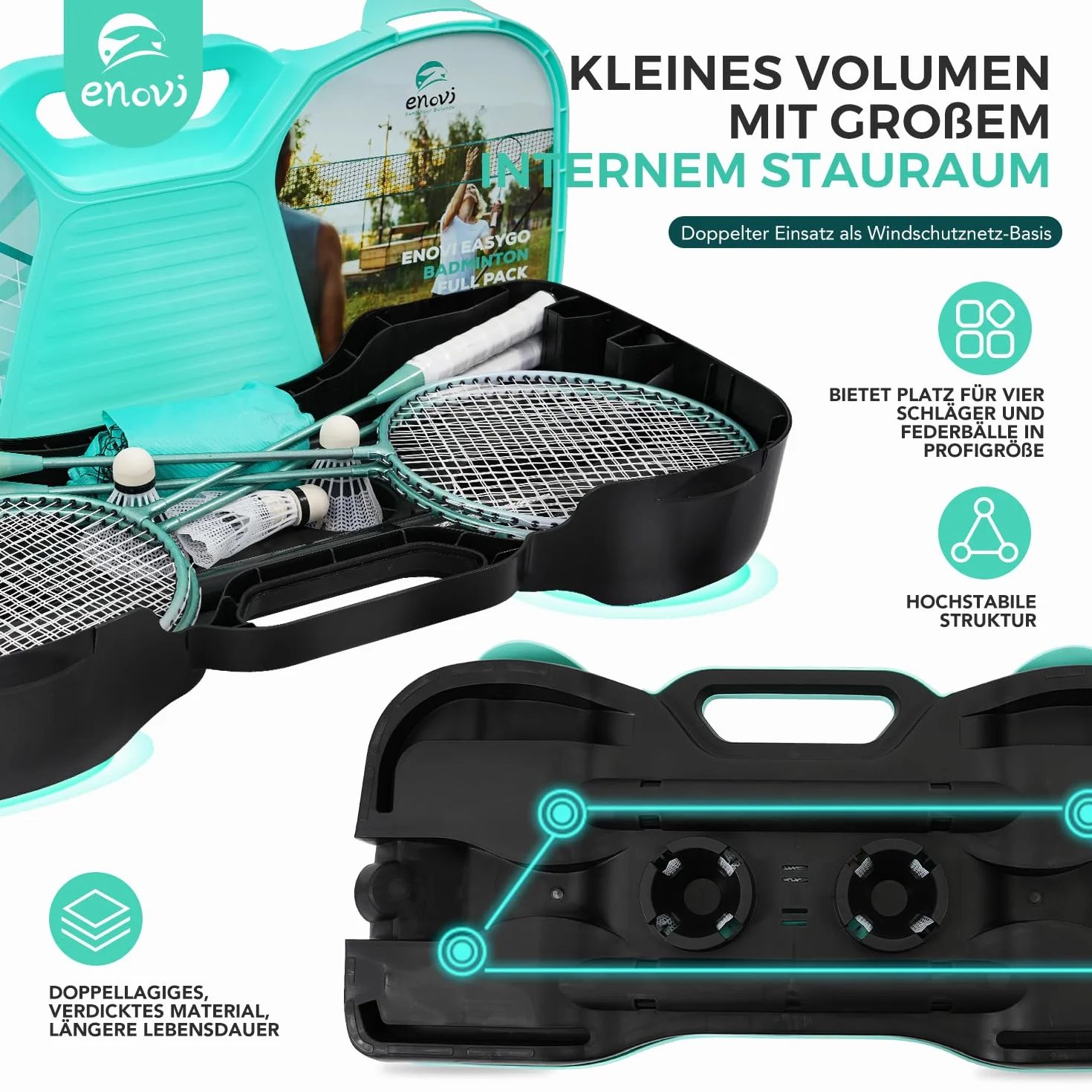 EasyGo Federball Set, Badminton Set mit 4 Schläger, Badminton Netz, 4 Federball, Tragbare Aufbewahrungsbox