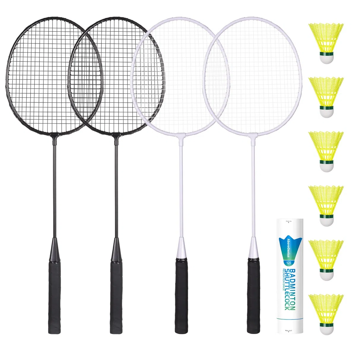 AboveGenius Badmintonschläger 4er Set für Outdoor Hinterhofspiele, darunter 4 Schläger, 6 Nylon Badminton-Federbälle, leichte Badmintonschläger für Anfänger