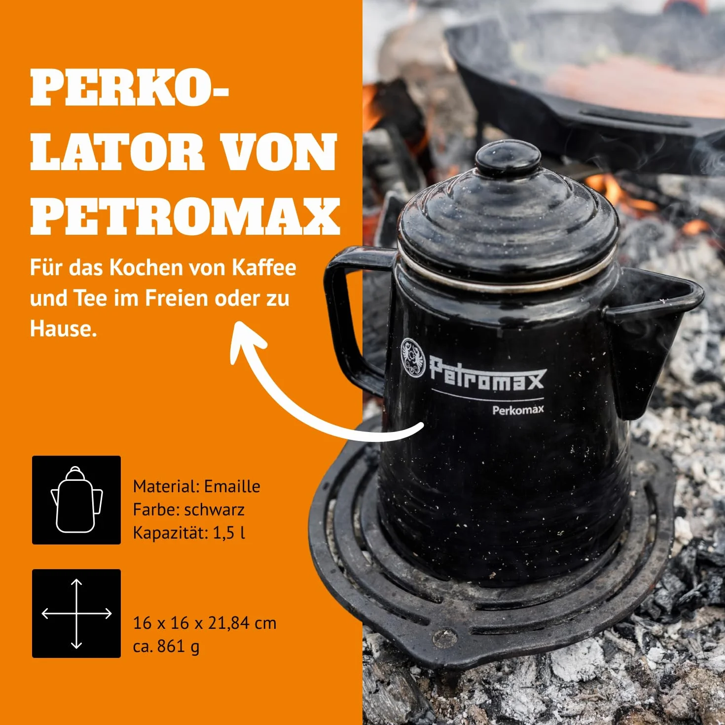 Petromax Perkomax Perkolator, Kaffee & Teekanne, emailliert, 9 Tassen, für Camping & Herd - 1,5 Liter schwarz