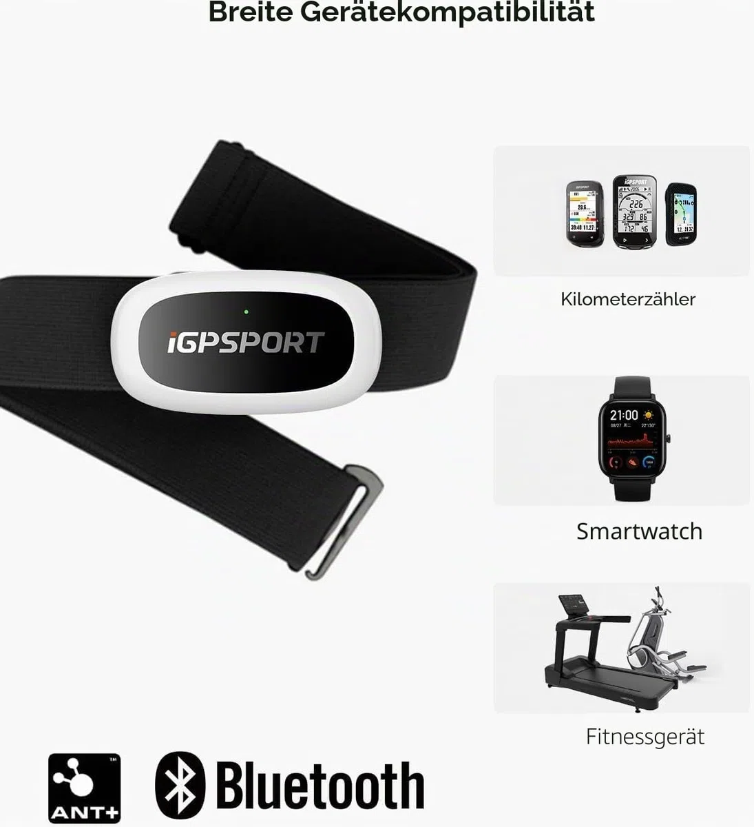 iGPSPORT HR50 Herzfrequenzmesser, Bluetooth & Ant+ mit Brustgurt für Laufen, Radfahren, Fitnessstudio, kompatibel mit Garmin Polar Wahoo - Schwarz