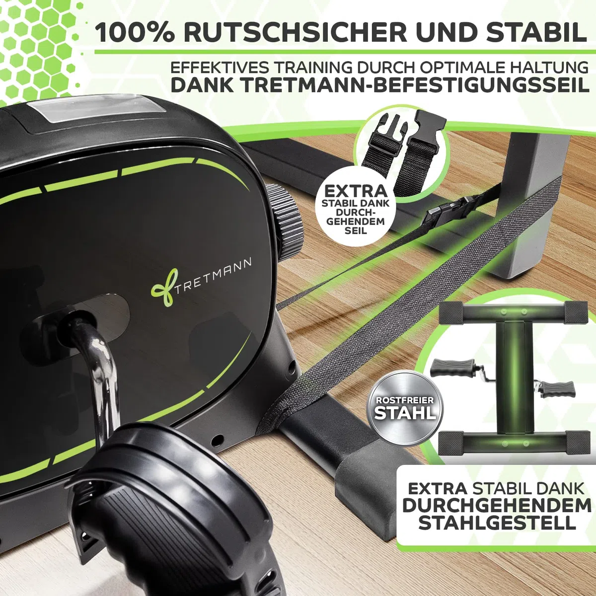 Neu Tretmann Basic Pedaltrainer Set -extra standfest & leise- inkl. Befestigungsband -DEKRA Geprüft- Beintrainer für Senioren Heimtrainer Mini Bike Schwarz Grün