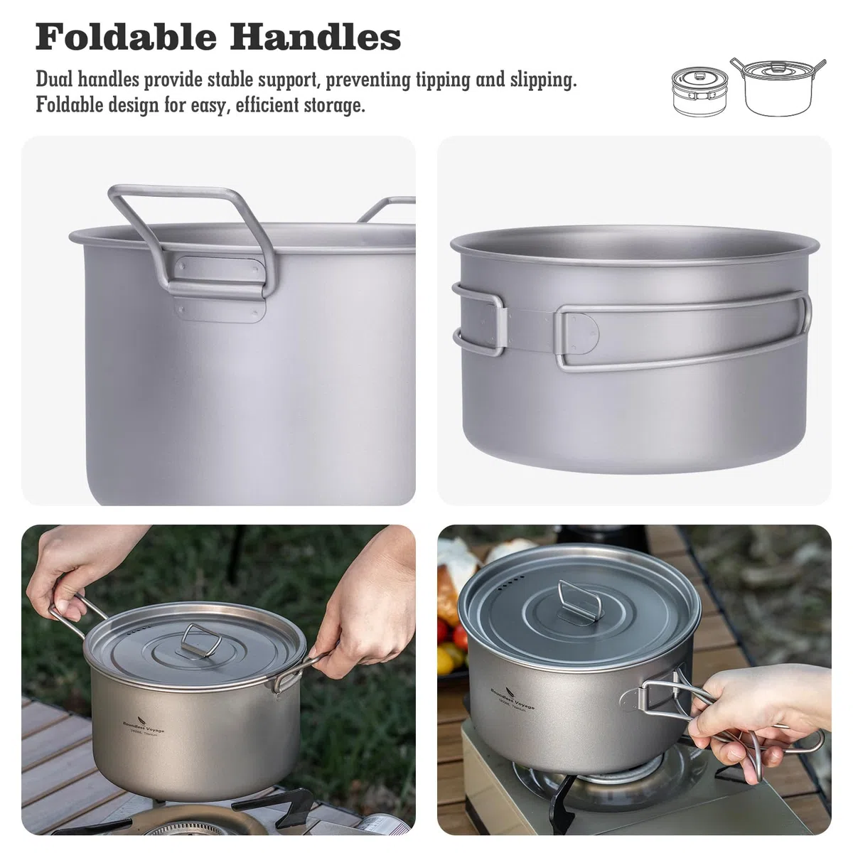 Boundless Voyage 1.8LKleiner Titankopf mit klappbaren Griffen: leichtes Stockpot Camping-Trekking Set Kochtopf Küchengeschirr (1.8 only)