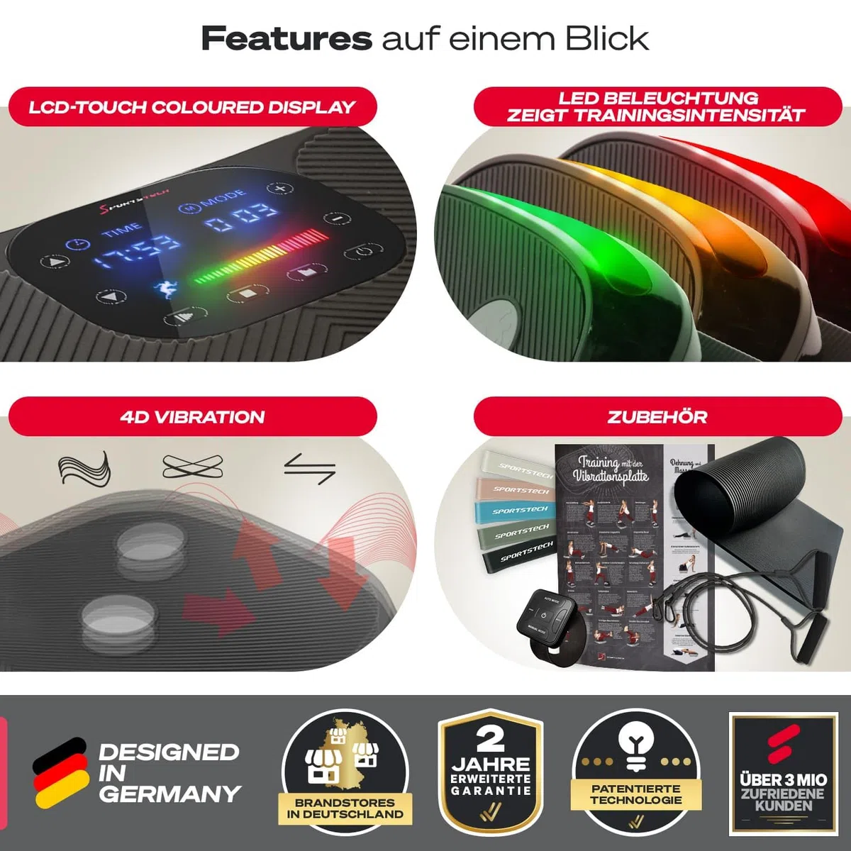 Sportstech 4D Vibrationsplatte für Zuhause, VP400 und sVibe, Smart LED, Trainingsbänder und Ropes, Abnehmen, Ganzkörpertraining, Muskelaufbau, 120 kg belastbar, Fitness Training