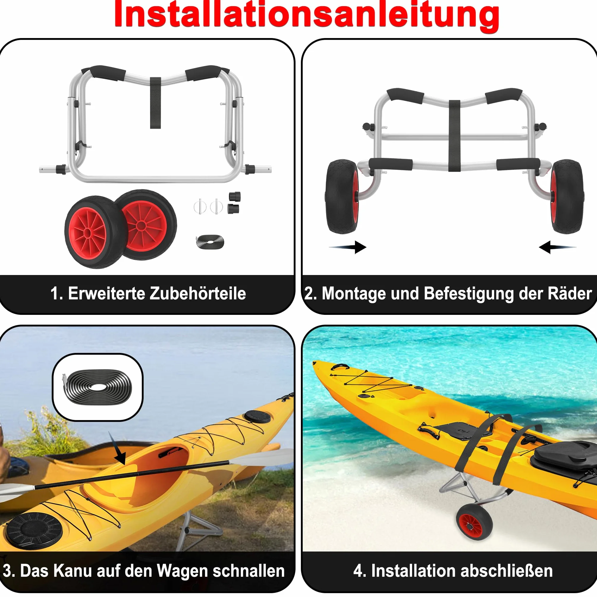 Kajakwagen Faltbarer Transportwagen aus Alu mit 2 PU-Räder & Spannriemen Kanuwagen Bootswagen Surfwagen Bis 100KG für Kanu Kaja und Schlauchboot