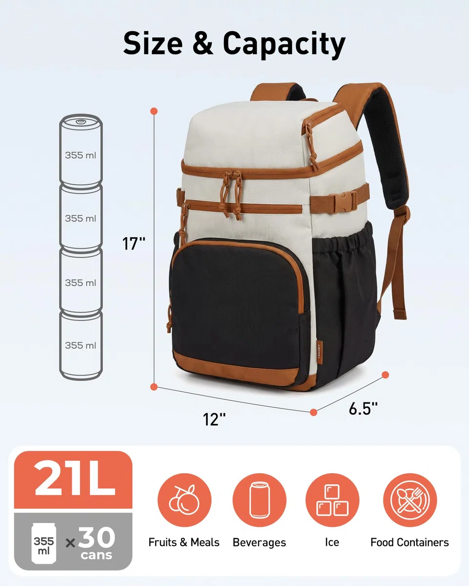 TOURIT Isolierter Kühlrucksack 30 Dosen, Auslaufsichere Lunch Kühltasche mit Zwei Fächern Leichter, wasserdichter Kühlrucksack für Damen und Herren Ideal für Strand, Camping, Picknick, Wandern Reisen