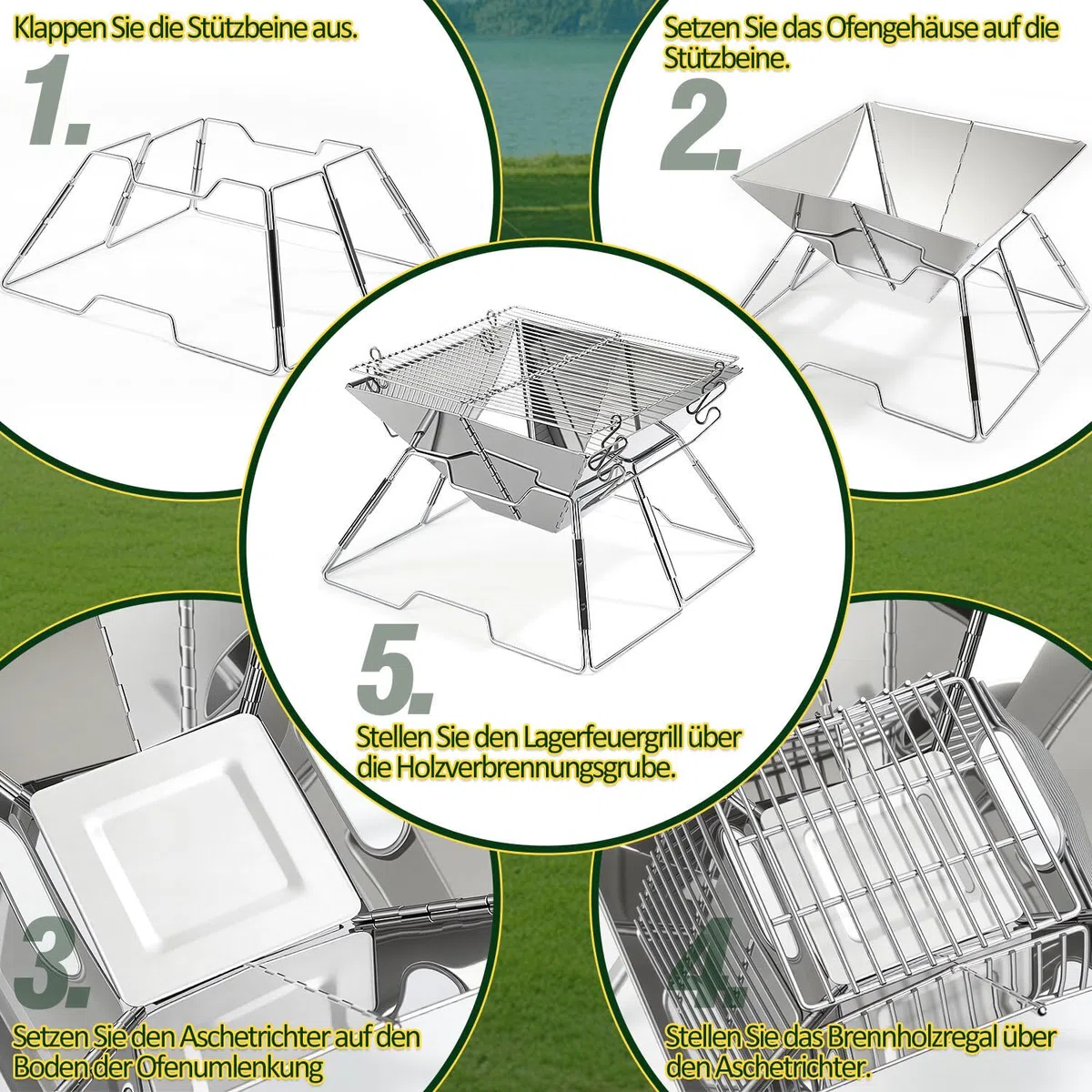 Faltbarer Grill aus 304 Edelstahl, Klappgrill mit Höhenverstellbarem Grillrost, Camping Grill kompakt & schnell aufgebaut, BBQ Grill für Garten, Balkon, Picknick und Outdoor mit Tragetasche