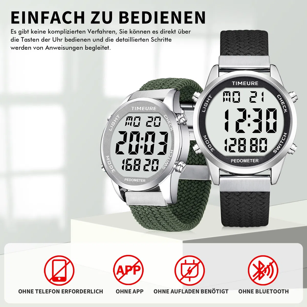 TIMEURE Schrittzähler Uhr für Männer | Modisches Design | Wasserdichter Armbanduhr mit Großer Digitalanzeige | Einfacher & Genauer Schrittzähler Funktion