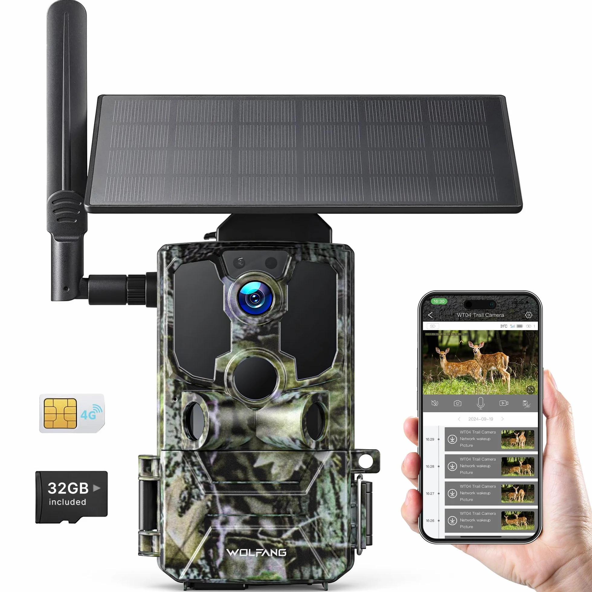 WOLFANG Wildkamera, 2.5K 4G LTE Live Solar Übertragung Wildkamera mit Handyübertragung App, Echtzeitalarm, Super-Infrarot-Nachtsicht Kamera mit 7800mAh Akku, 32GB SD Karte, 2-Wege-Audio IP66