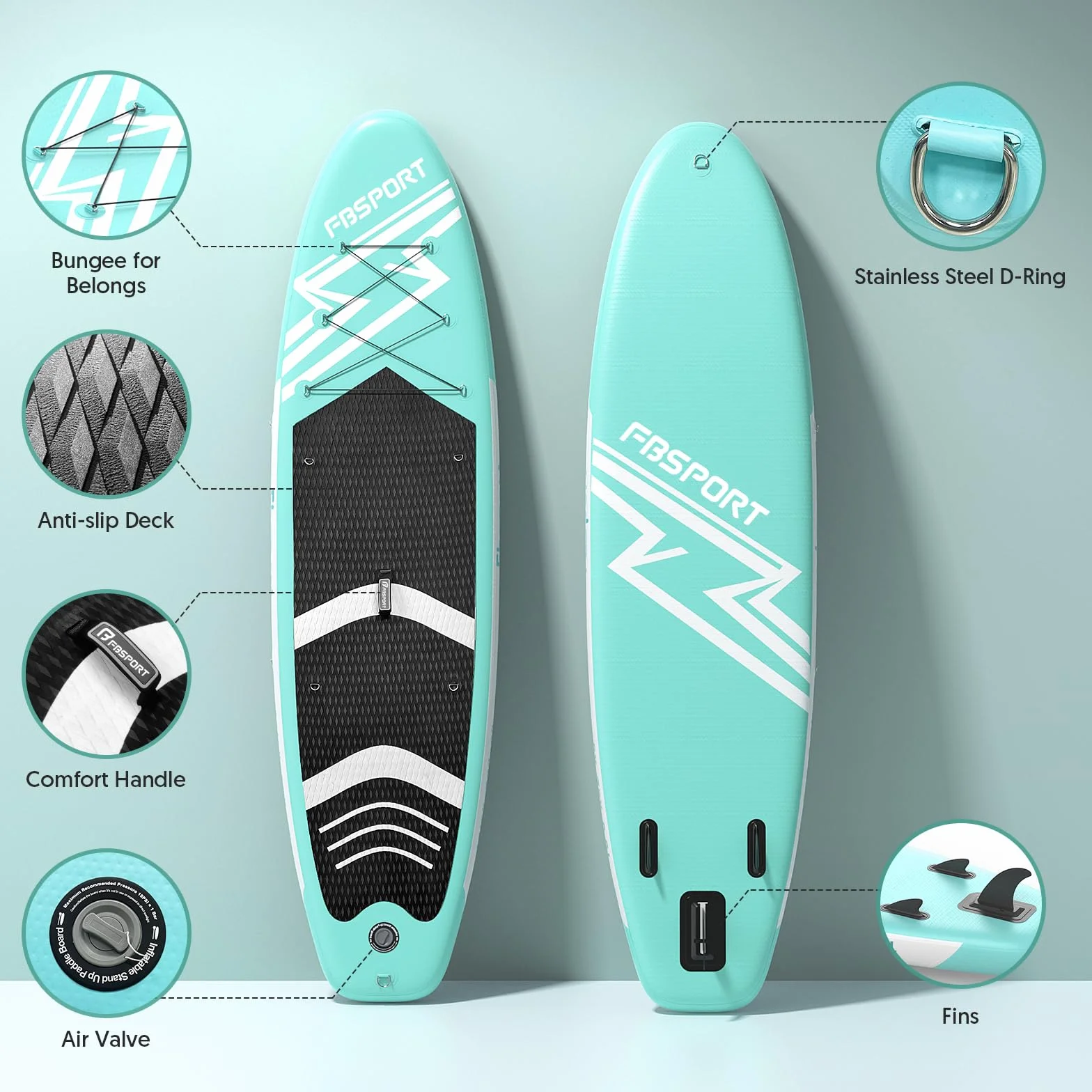 FBSPORT Aufblasbares SUP Board, Stand Up Paddling Board, Aufblasbare Stand Up Paddle Board für Stand-Up Paddling 15CM Dick, Surfbrett Kit mit Verstellbares Aluminium SUP Paddel+Pumpe