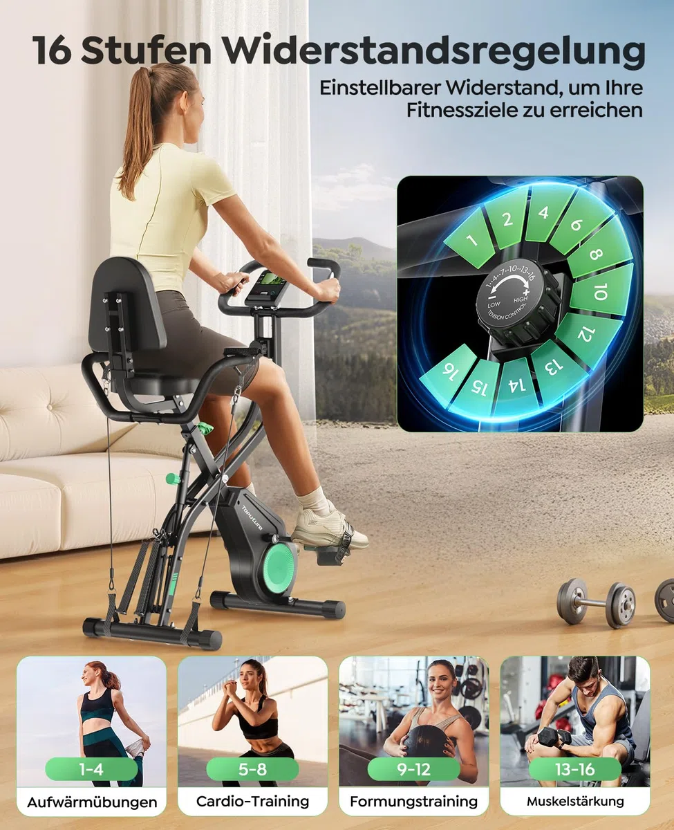 Toputure NEU 5-in-1 Heimtrainer Fahrrad Klappbar mit App, Hand-Bein-Zugseilen, Ergometer Hometrainer mit Ergonomischem Sitz, Handpulsmessung, 16 Magnetwiderstand, bis 140 KG, Ultraleise