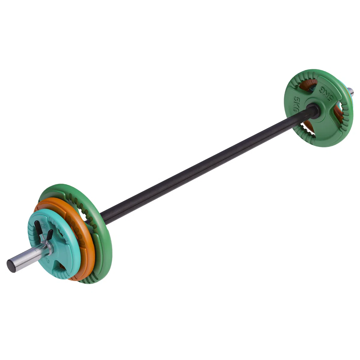 GORILLA SPORTS® Langhantel Set - 19,3 kg / 20 kg, Aerobic, 130 cm, 6 Hantelscheiben, 2x1,25kg, 2x2,5kg, 2x5kg Gewichte, 30mm, Gusseisen, Federverschlüsse - Hantelset, Pump Set, Langhantelset