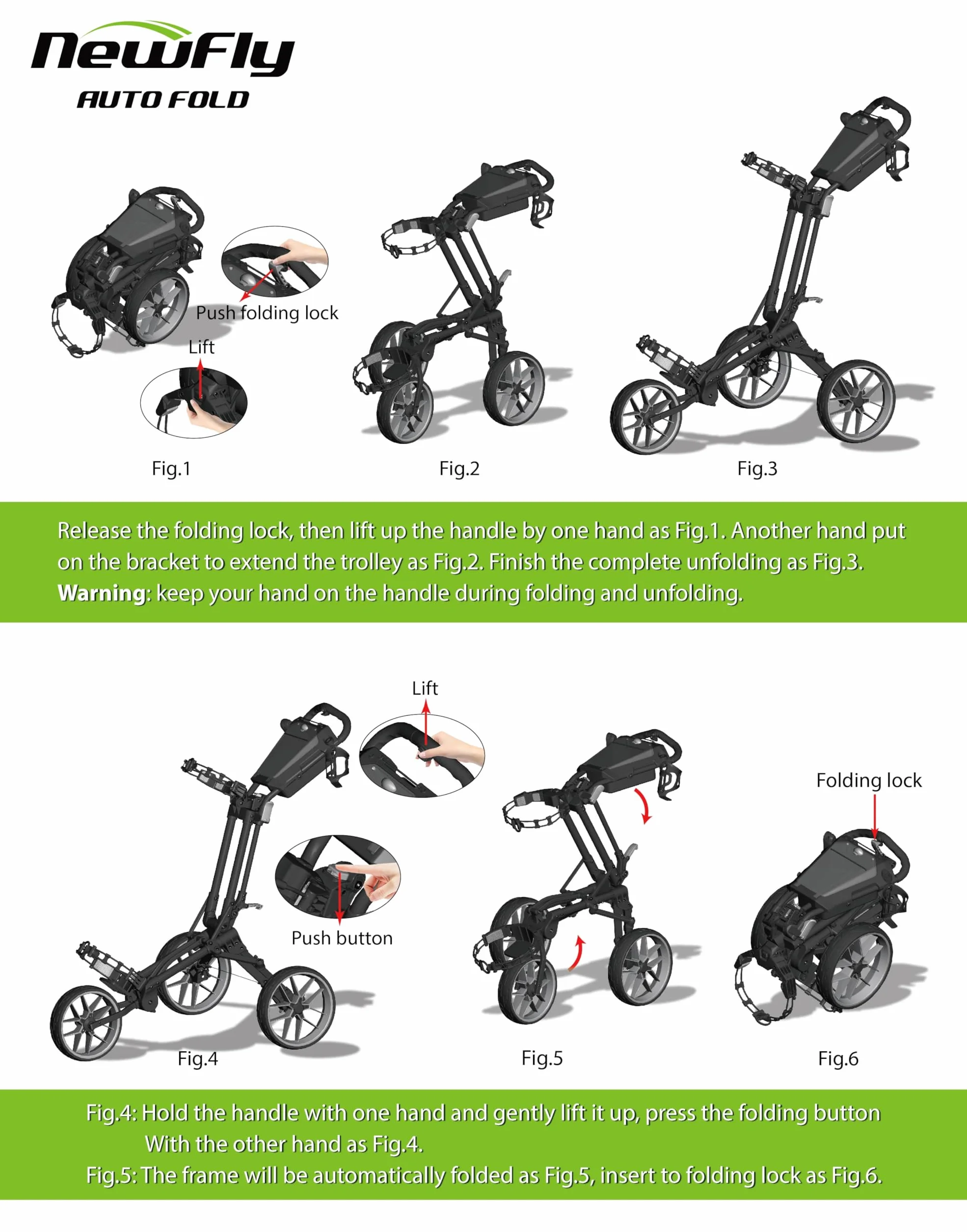 Newfly DREI Rad Golf Tasche Handcart, kompakt, vollautomatisch faltbar, Ultra leicht, minimale Faltbare Größe, Scorecard, Regenschirm Stand