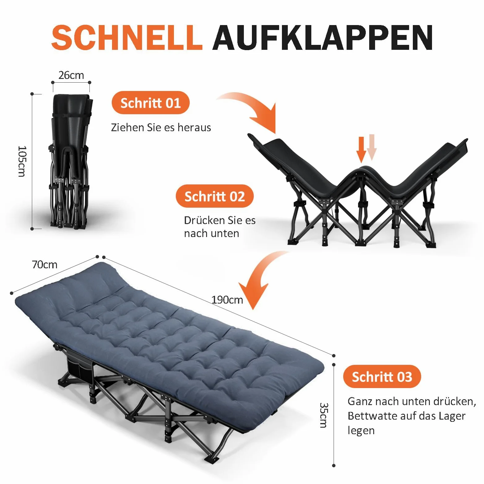 ATORPOK SHOP Campingbett feldbett klappbar, Faltbar Gästebett bis 200 kg für,mit Seitentasche, tragbares Campingliege，Outdoor, Garten, Reisen, Camping, Indoor