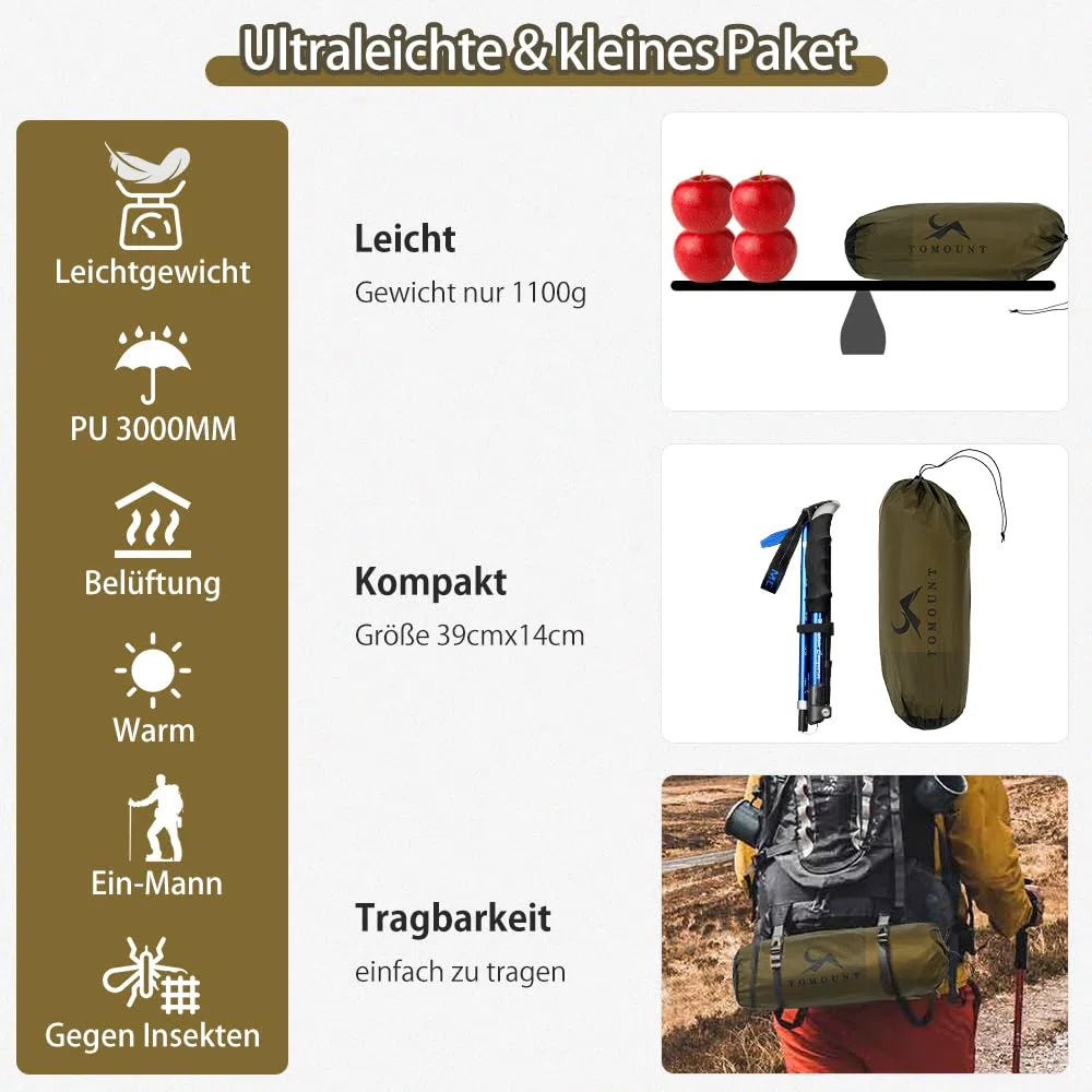 TOMOUNT Bivy Nylon Zelt Ultralight 1 Person wasserdichtes Biwaksack kleines Packmaß Trekkingzelt EIN-Man Zelt für Trekking, Camping, Outdoor, Klettern mit Rucksack