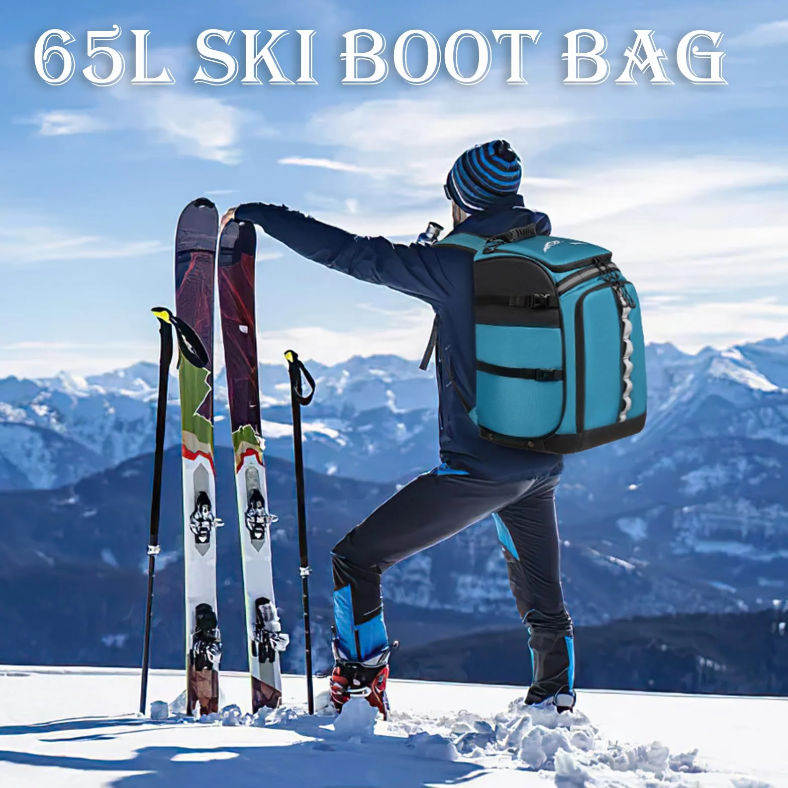 Skischuhtasche mit Helmfach Skischuhrucksack 65L Nylon Skitasche mit Helmtasche Skirucksack für Skistiefel Schlittschuhe Inline-Skates