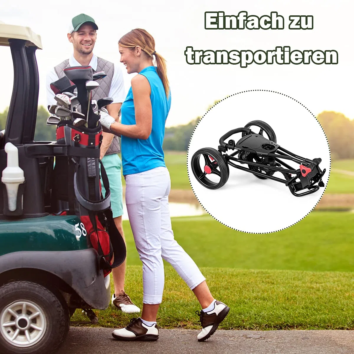 GOPLUS Golf Trolley, Golfwagen klappbar mit 3 Rad & verstellbarem Handgriff, Golf Cart leicht mit Hinterradbremse, Golf Caddy inkl.Trinkflaschenhalter, Schirmhalter & Netztasche, Schwarz
