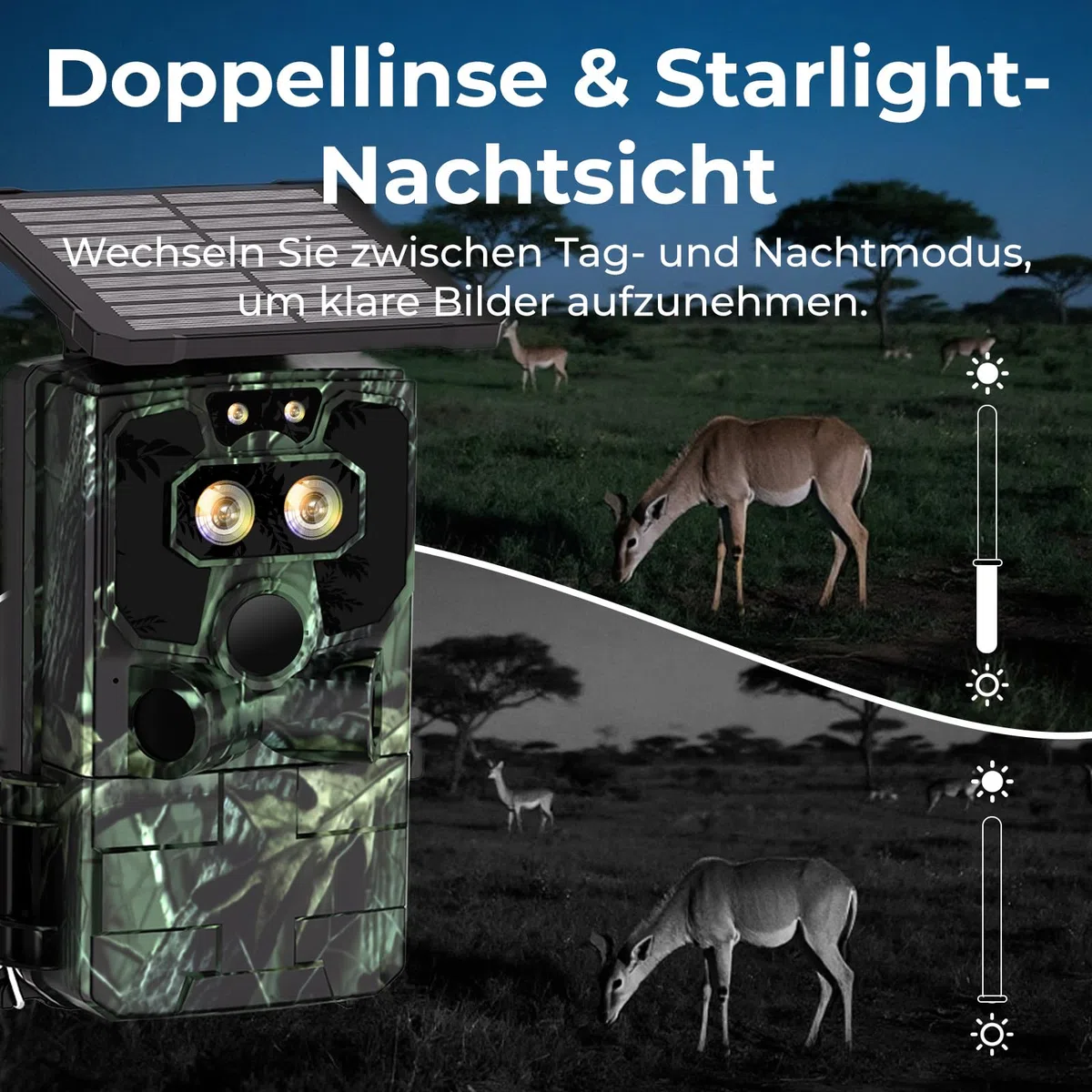 VOOPEAK Duales Objektiv Solar Wildkamera WLAN 4K 60MP, Sternenlicht Nachtsicht Wildkamera mit Handyübertragung APP, Wildtierkamera mit Nachtsicht Bewegungsmelder 0,1S Auslösezeit IP66 Wasserdicht