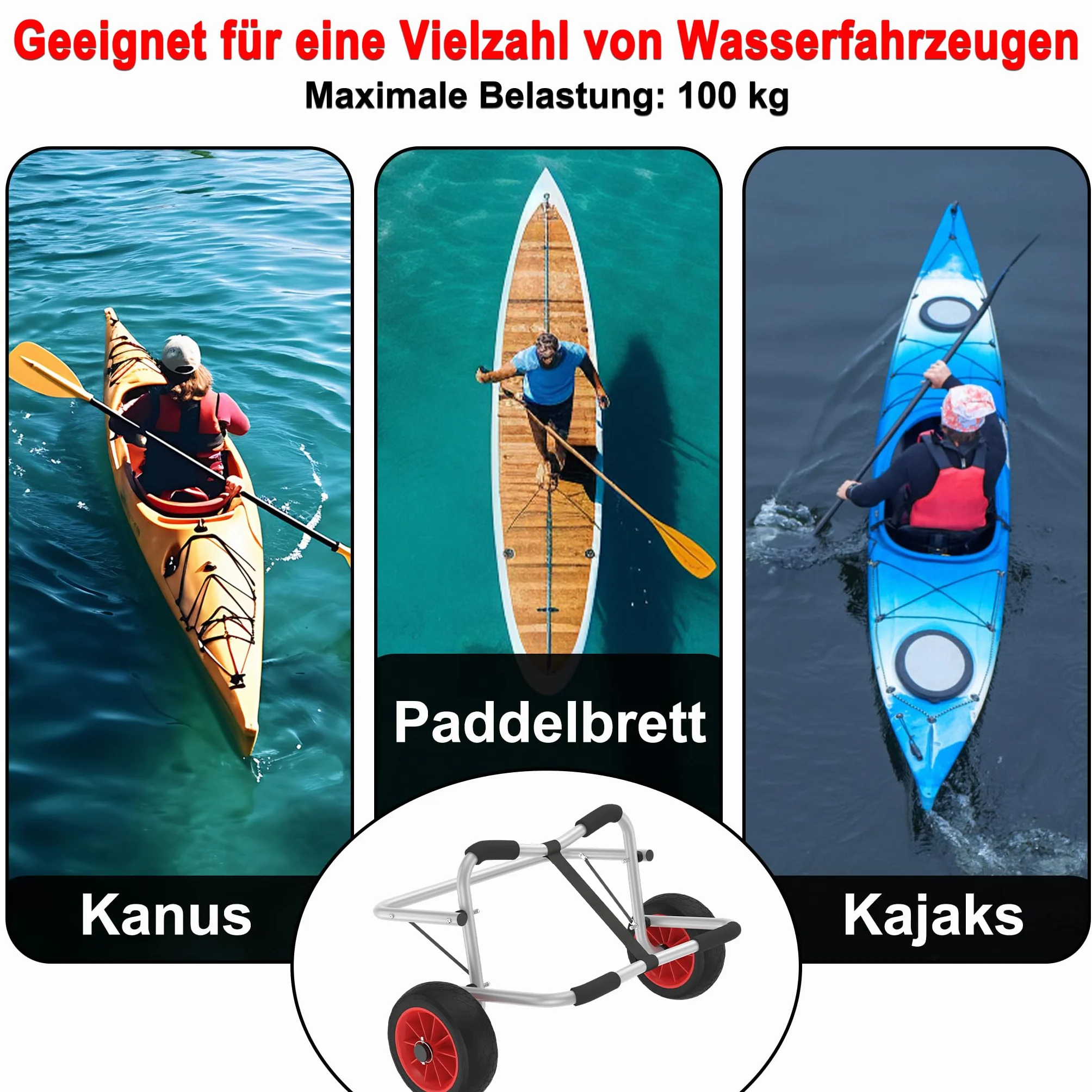 Kajakwagen Faltbarer Transportwagen aus Alu mit 2 PU-Räder & Spannriemen Kanuwagen Bootswagen Surfwagen Bis 100KG für Kanu Kaja und Schlauchboot