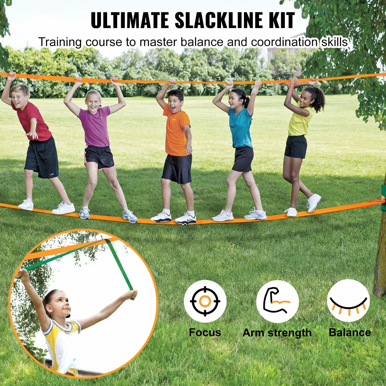 VEVOR Slackline Hindernisse Set 2 x 18,3 m Slacklines 2 x 1,5 m Baumschutz, 226,8 kg Tragkraft Ninja Hinderniskurs, Outdoor-Spielset-Ausrüstung, Hinterhofspielzeug-Trainingsausrüstungsset Orange