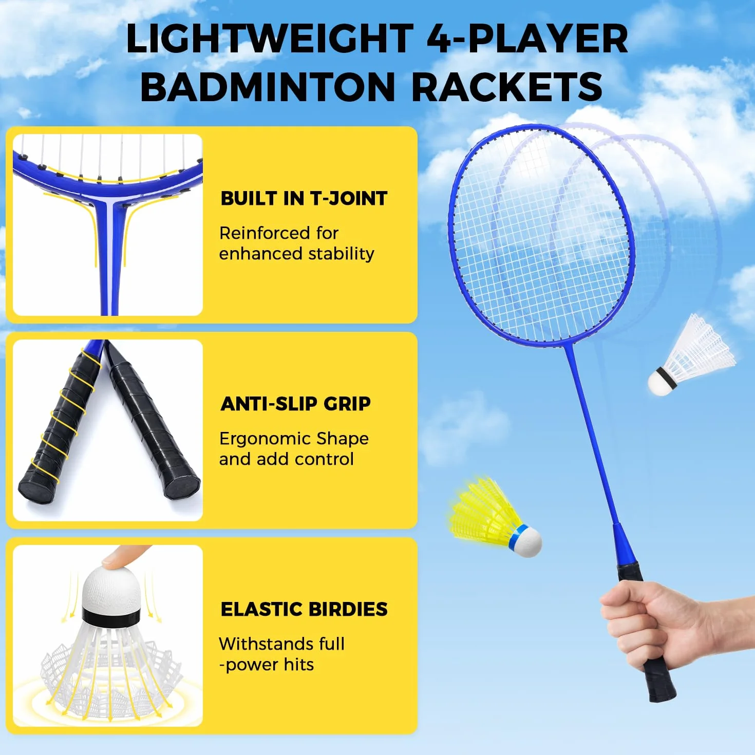 BAGAIL Professionelles Badmintonnetz-Set, TurnierschANDARD 6,1m x 1,55m, Allwettertauglich PE-Netz, 5-Minuten-Montage, Mit 4 Schlägern, 3 Schittern und Tragetasche